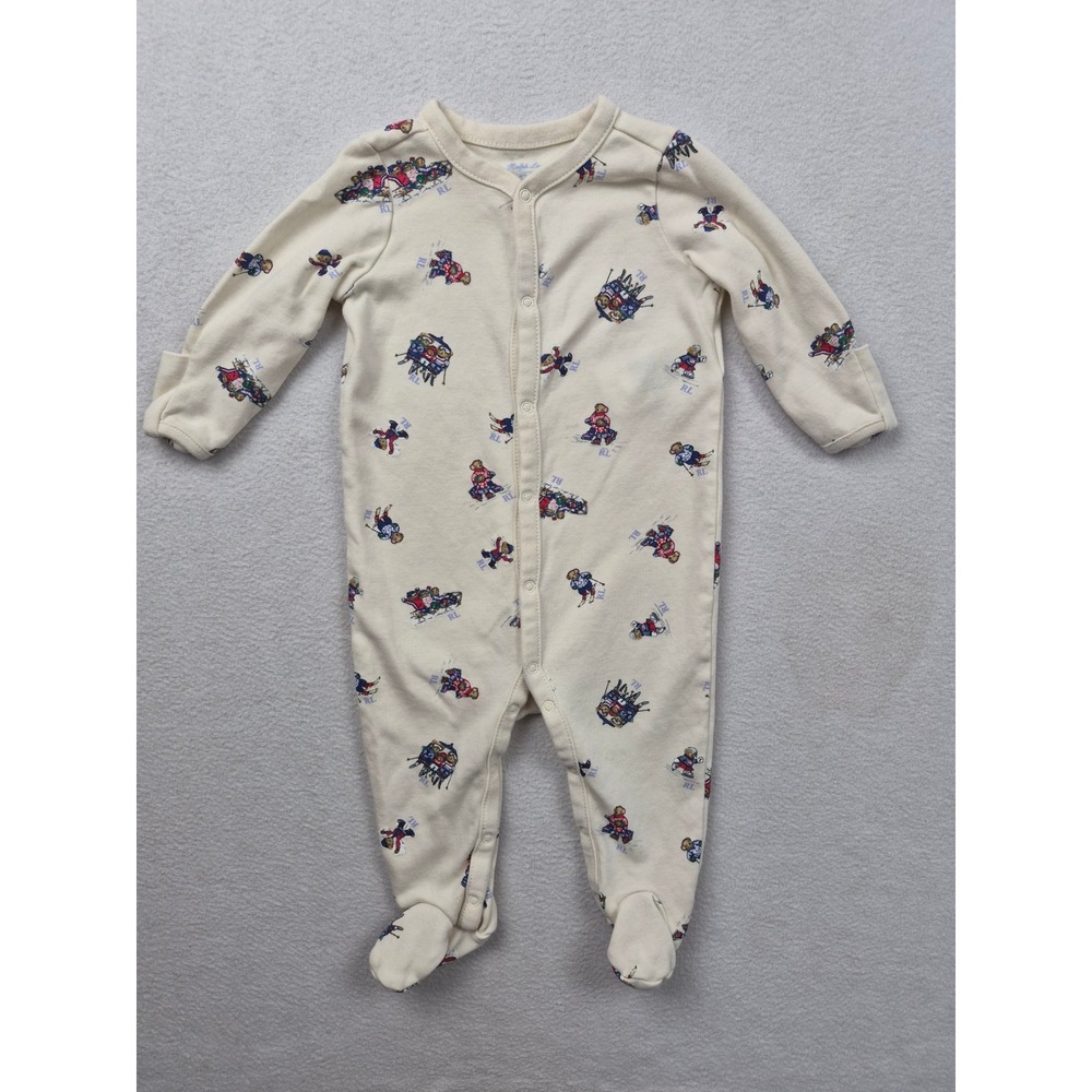 Ralph Lauren Baby Boy Polo Bear Cotton Footed Pajamas Cream One Piece 6 Months